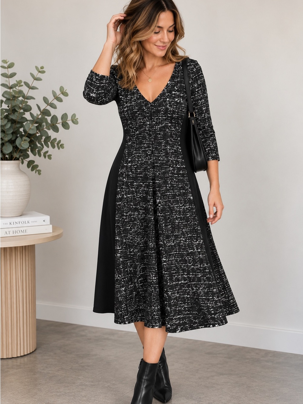 Lane Bryant Black and White Speckled V-Neck Midi Dress